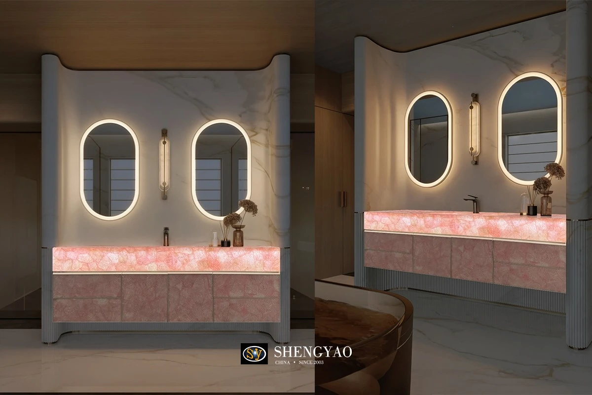 backlit crystal translucent rose quartz vanity top