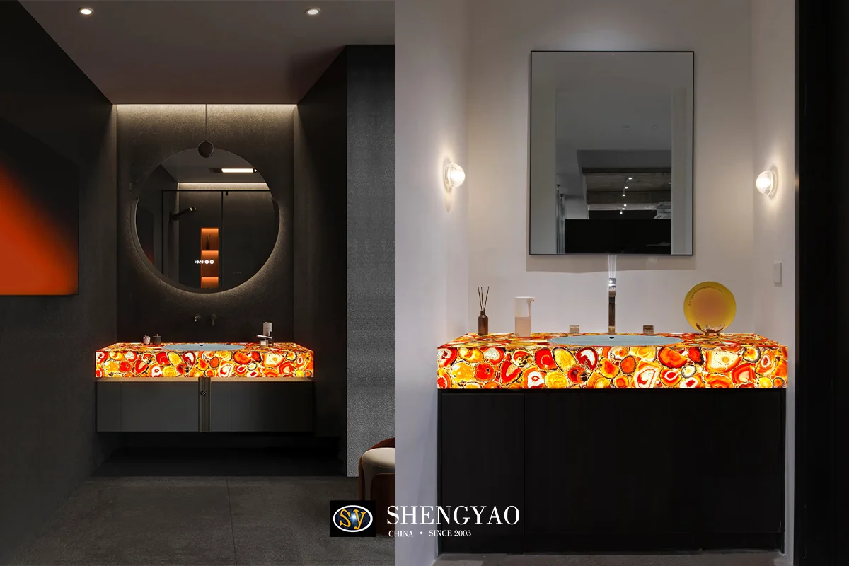 backlit red agate stone washbasin 