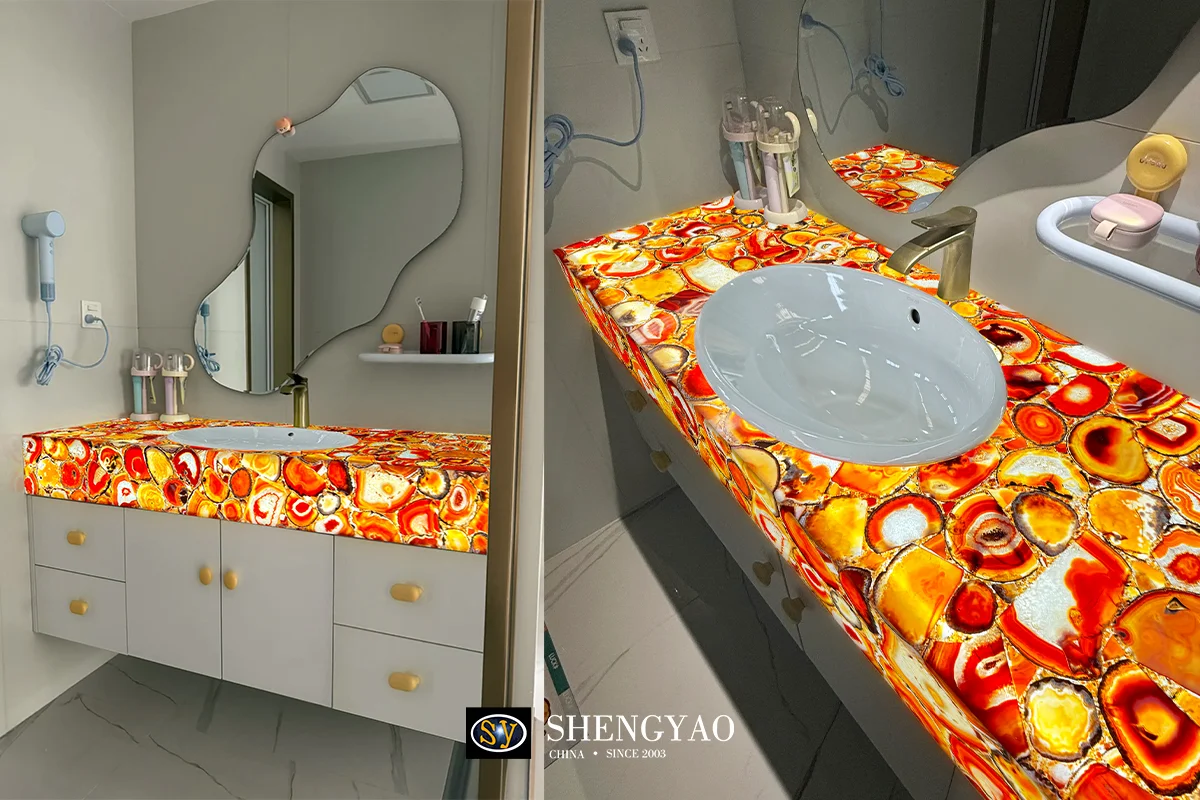 Translucent agate stone bathroom vanity top sink countertop