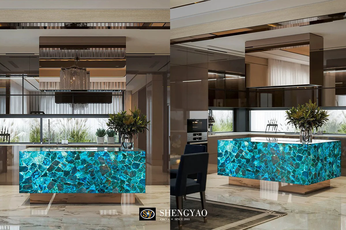 Translucent blue semi precious stone Apatite Kitchen Island counter