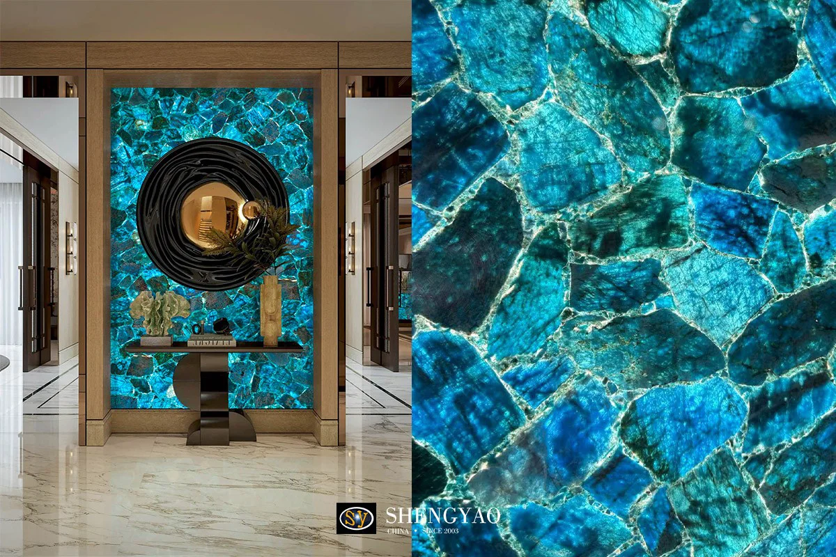 Backlit Blue gemstone Apatite stone wall panel
