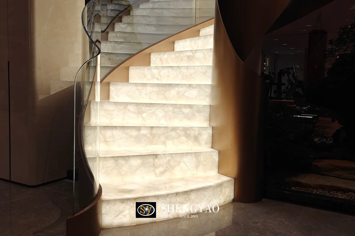 translucent white crystal quartz backlit staircase