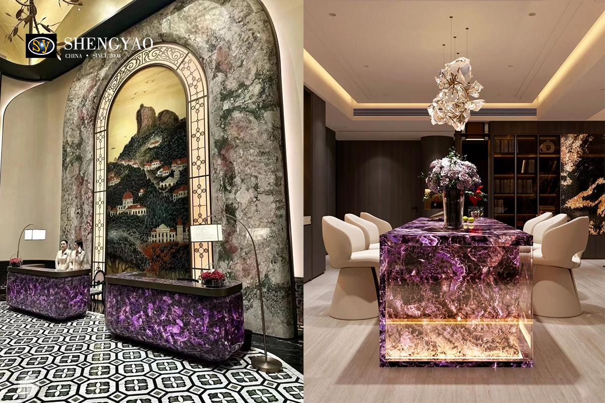 purple crystal quartz amethyst slab bar island counter reception desk