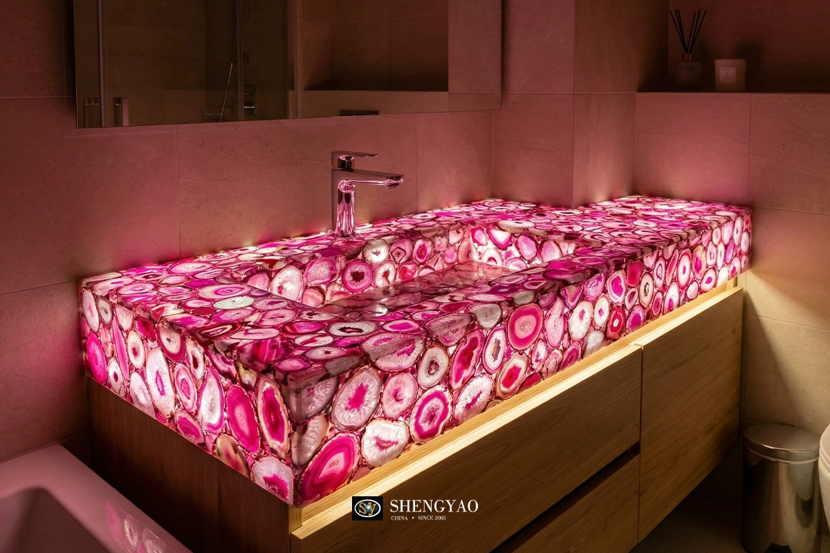 backlit pink agate stone vanity top countertop