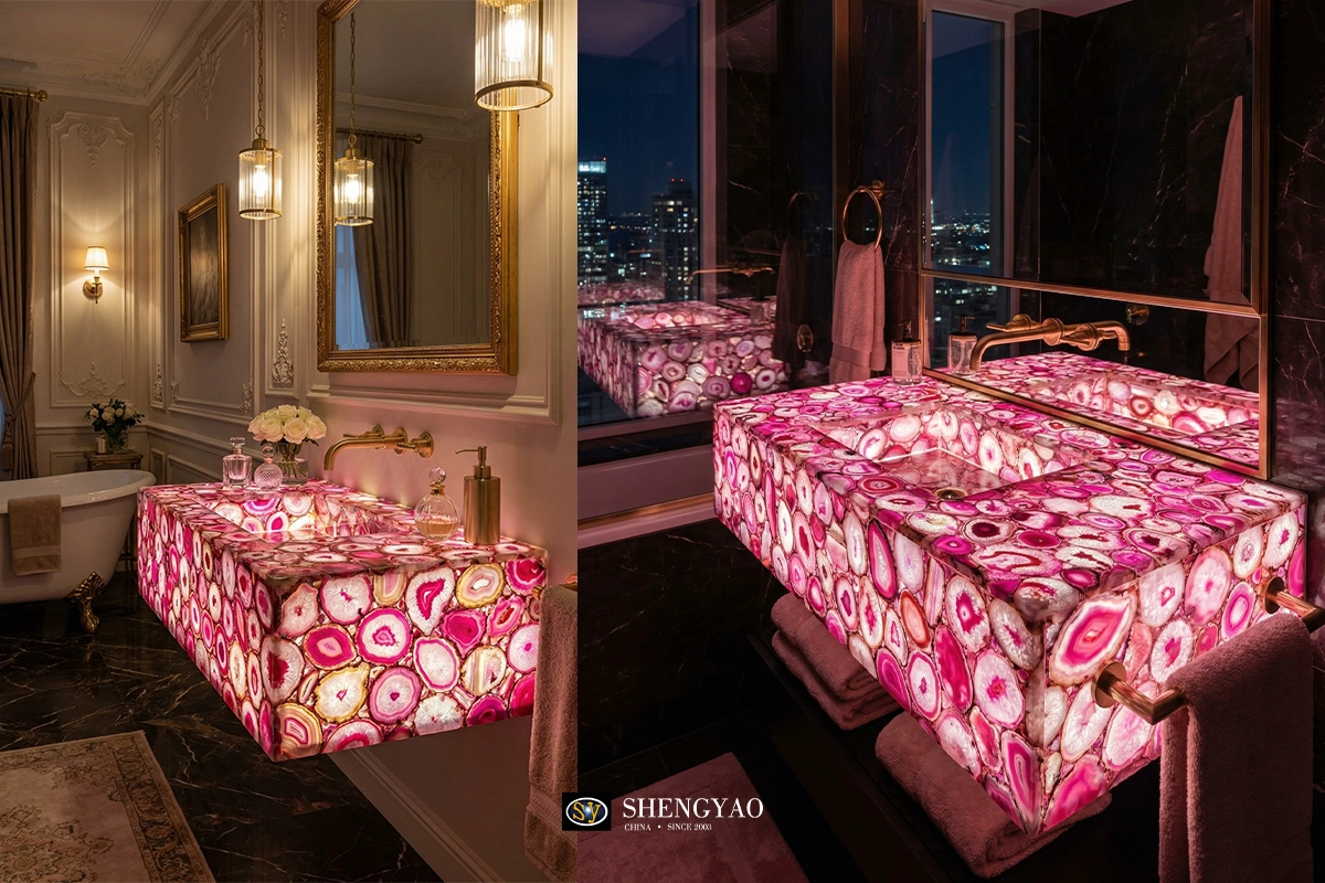 Illuminated natural pink agate stone bathroom vanity top