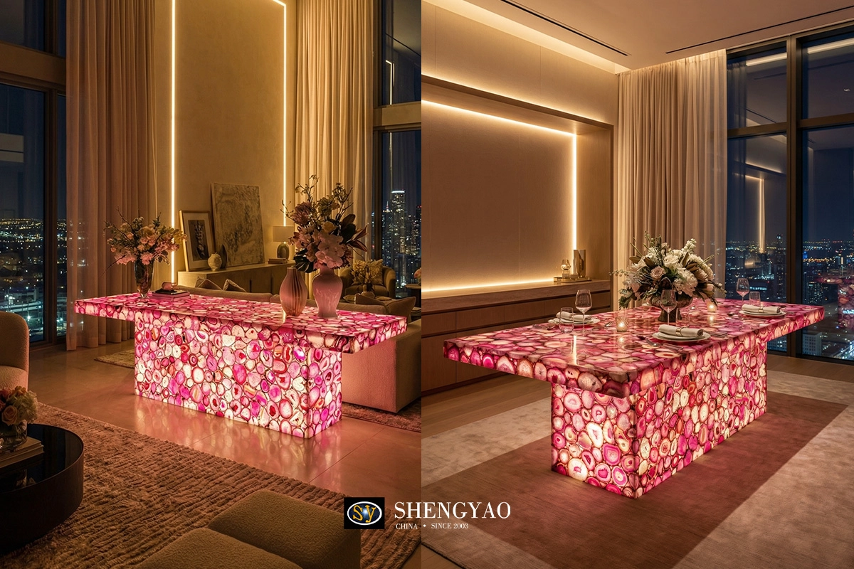 pink agate stone backlit dining table set
