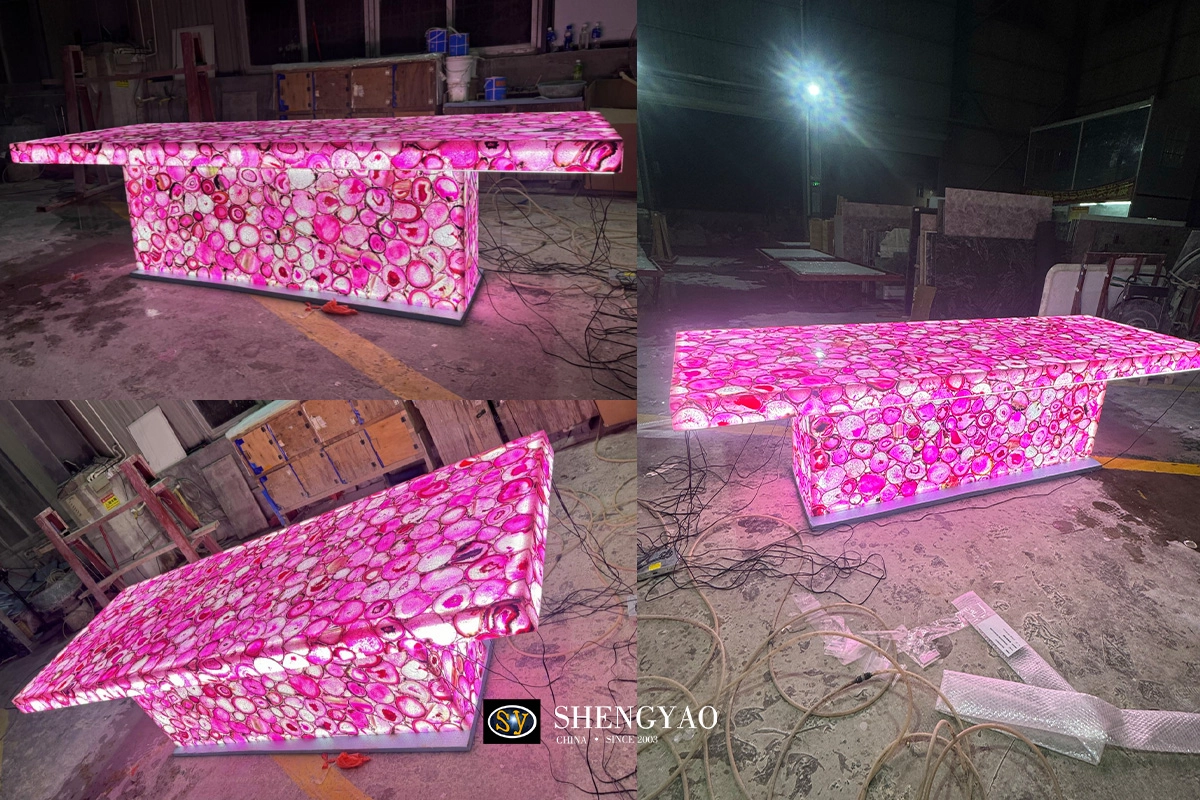 translucent semi precious stone pink agate dining table