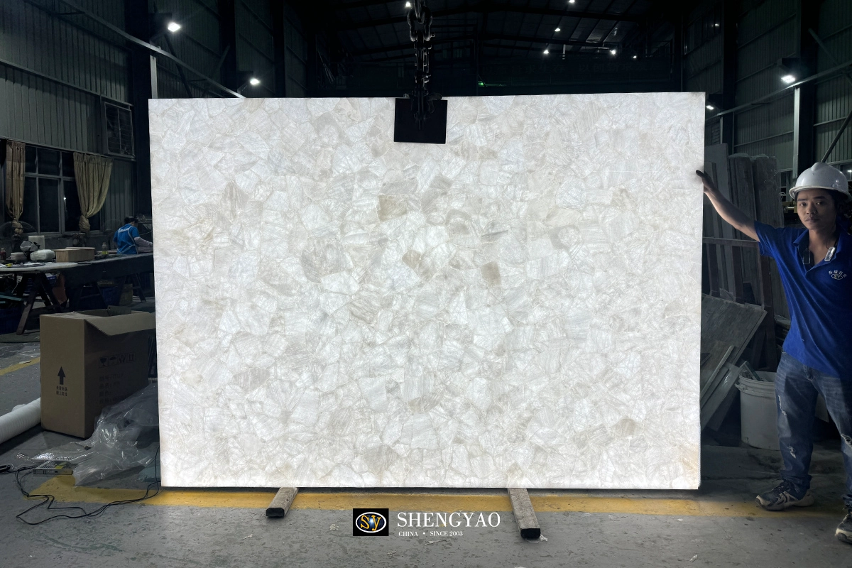 backlit translucent white crystal quartz slab