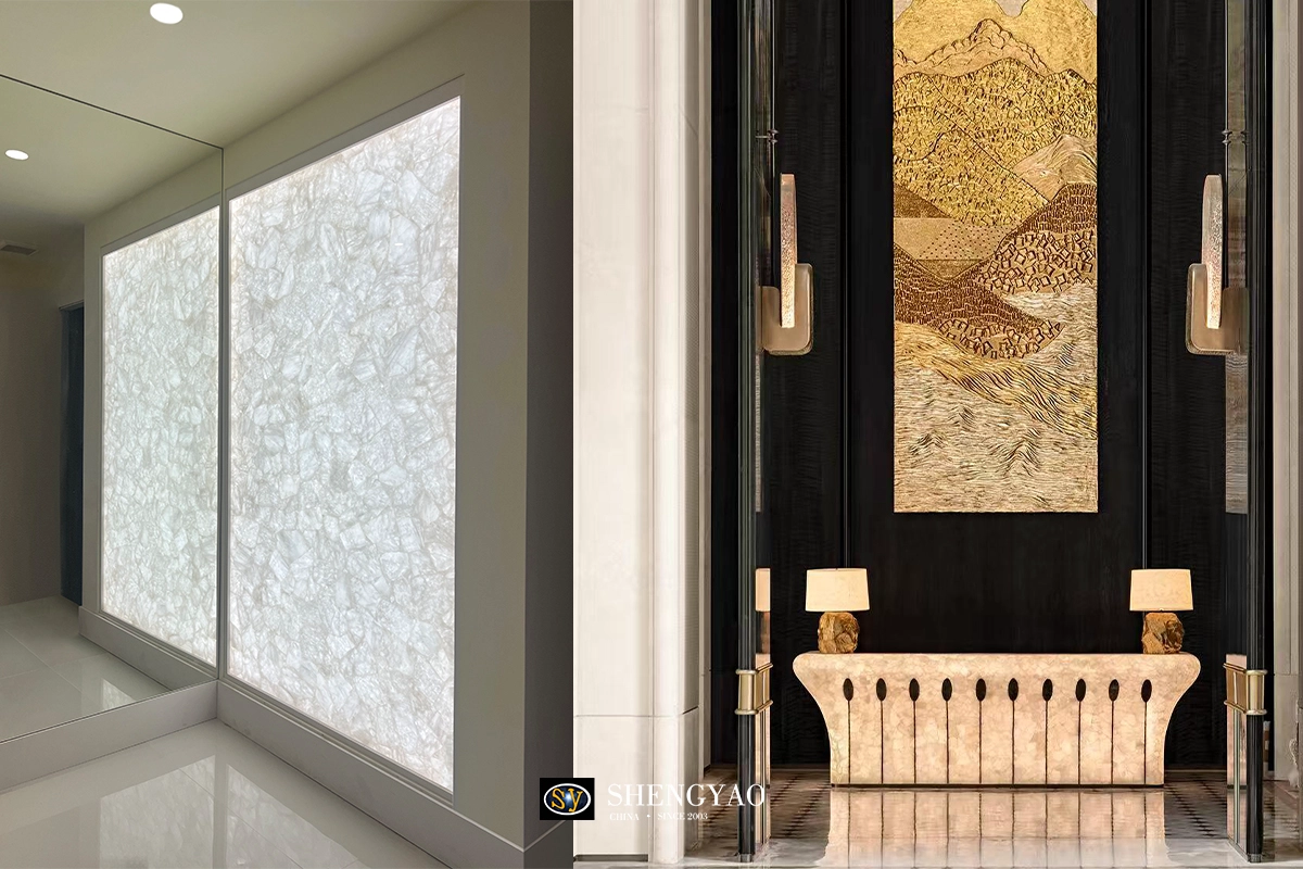 white quartz backlit wall panel and bar counter