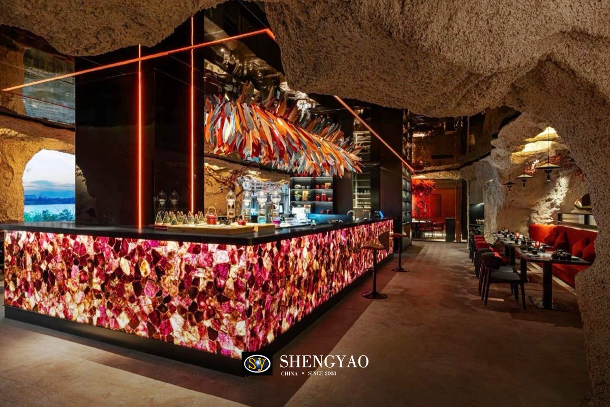 purple fluorite backlit bar counter