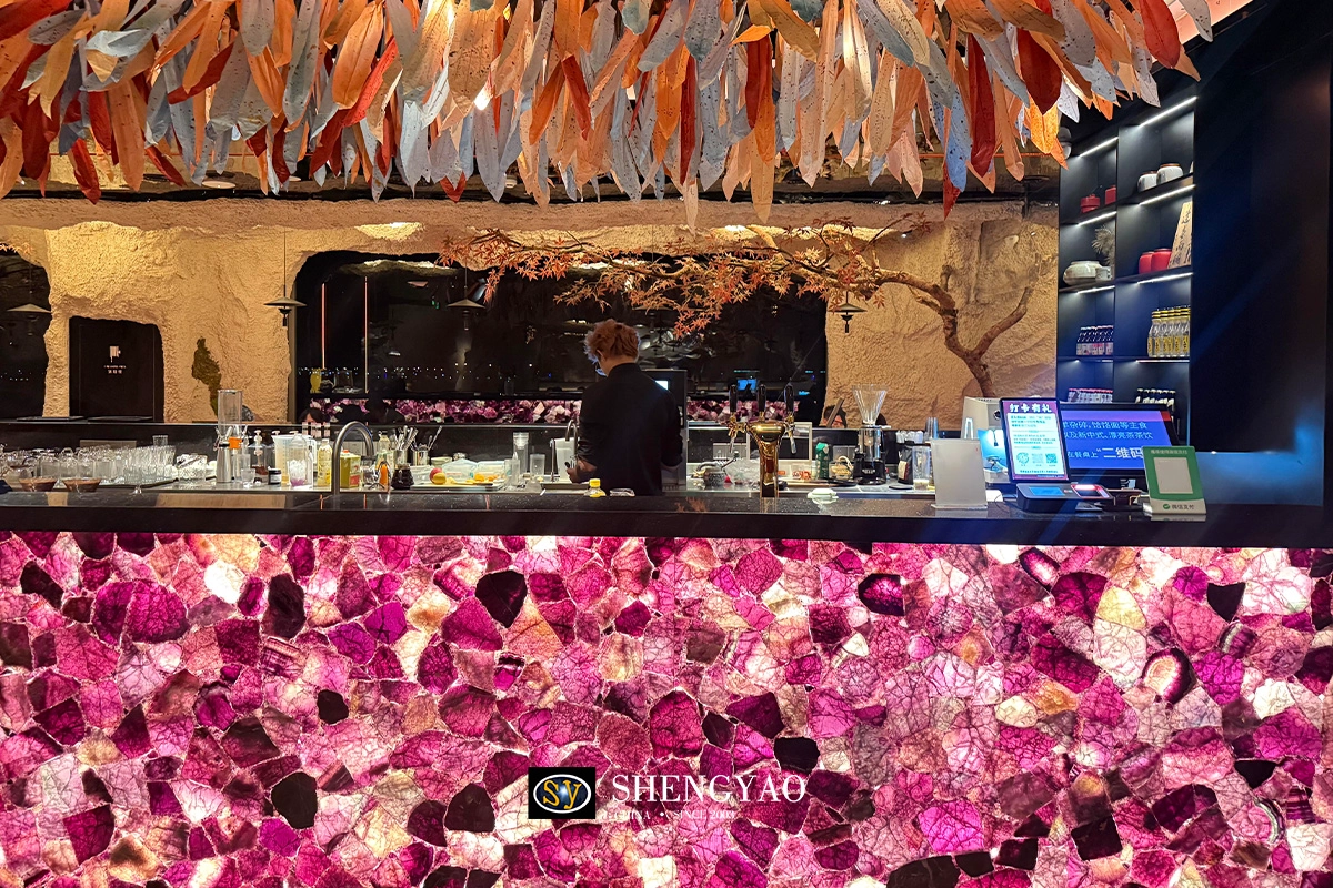 translucent purple crystal quartz bar counter