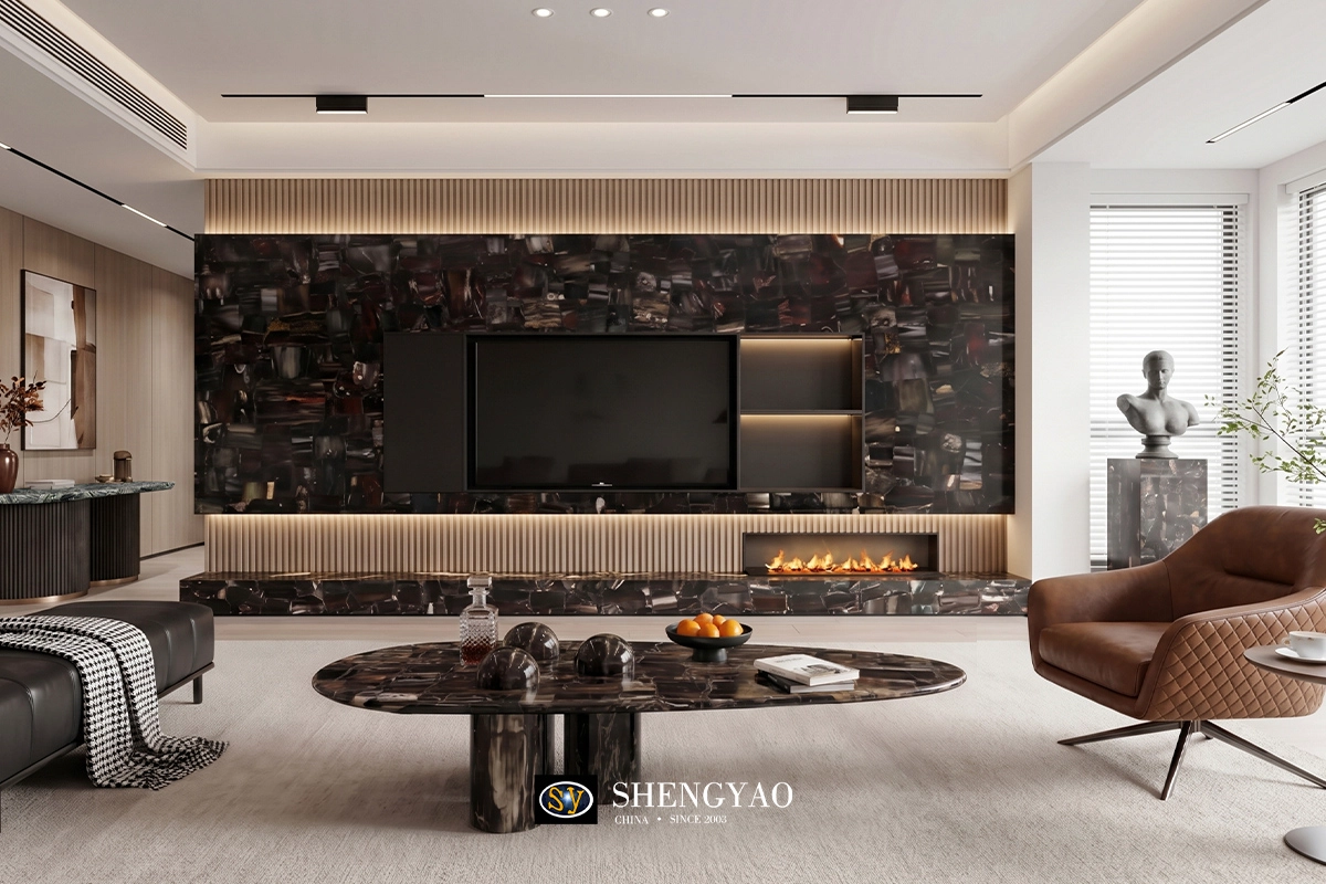 luxury gemstone furniture black petrified wood center table