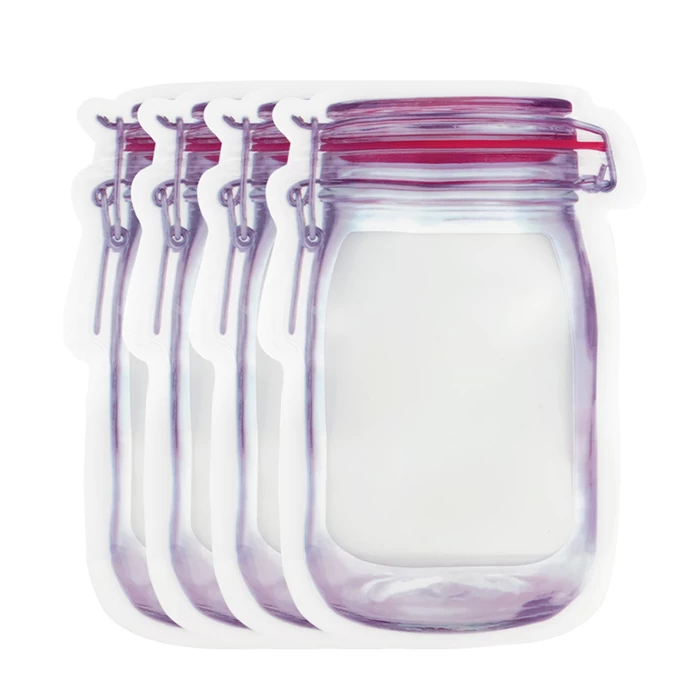 Stand Up Clear Mason Jar รูปแบบซิป Mylar กระเป๋าพลาสติกกระเป๋าน่ารักขวดรูปร่าง Reusable Bag