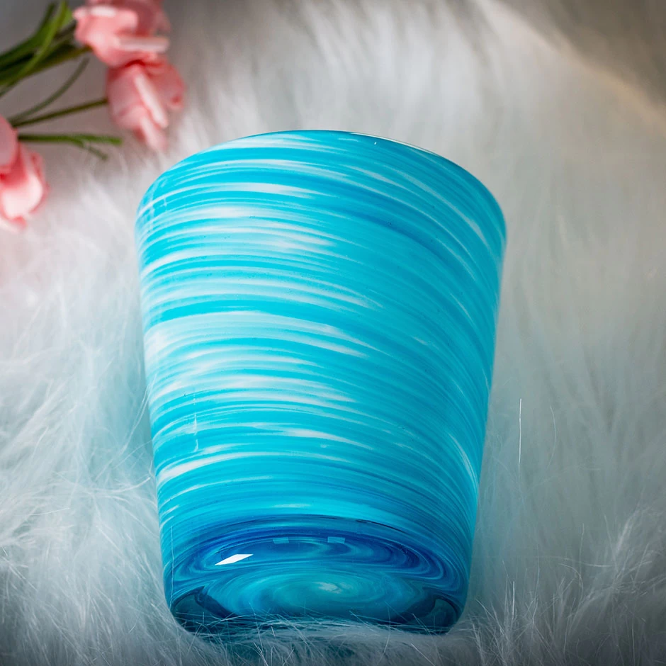 Handmade Blue Colored Candle Holder Glass Fill Wax 10oz