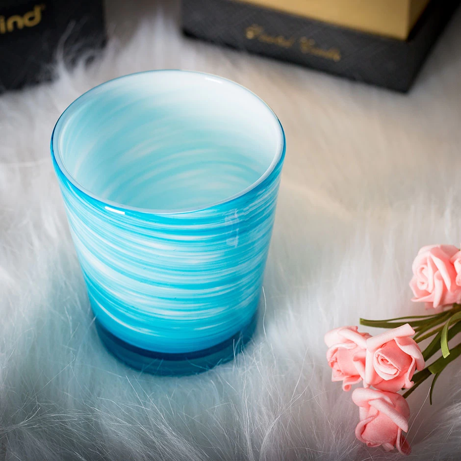 Handmade Blue Colored Candle Holder Glass Fill Wax 10oz