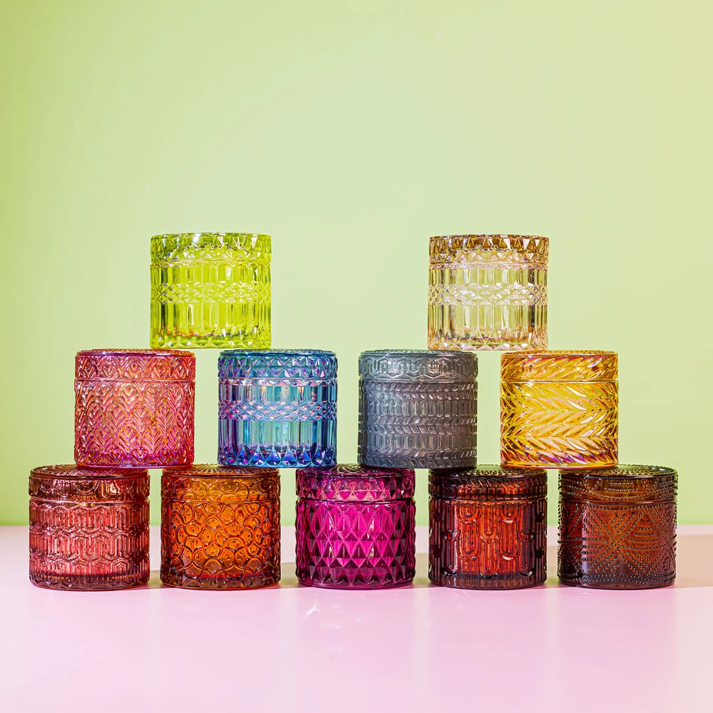 Embossment Glass Empty Votive Candle Jar with Lid On Sale 