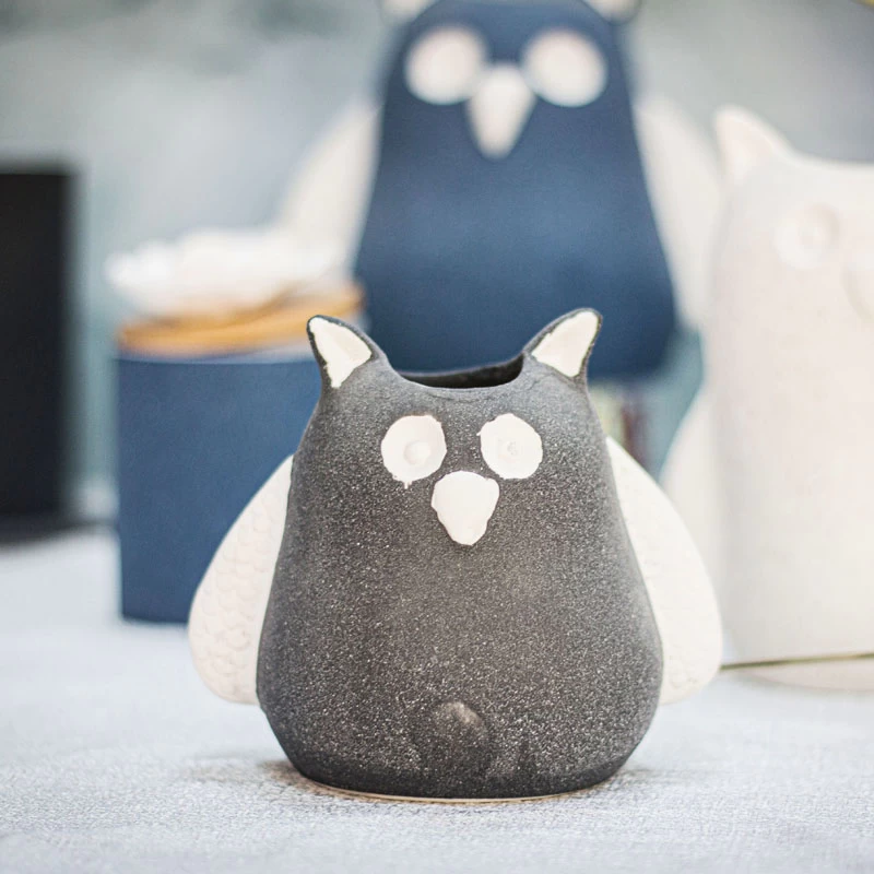 Florero de mesa de cerámica con diseño de gato para decoración rústica del hogar