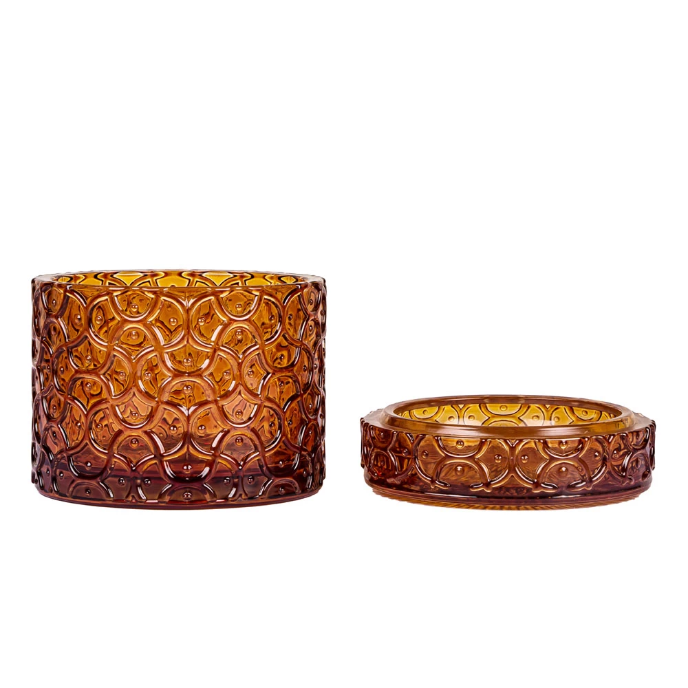 Embossment Glass Empty Votive Candle Jar with Lid On Sale 