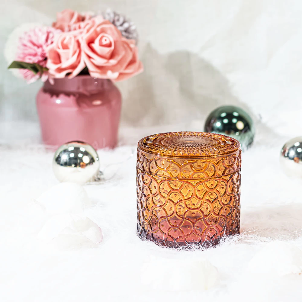 Embossment Glass Empty Votive Candle Jar with Lid On Sale 