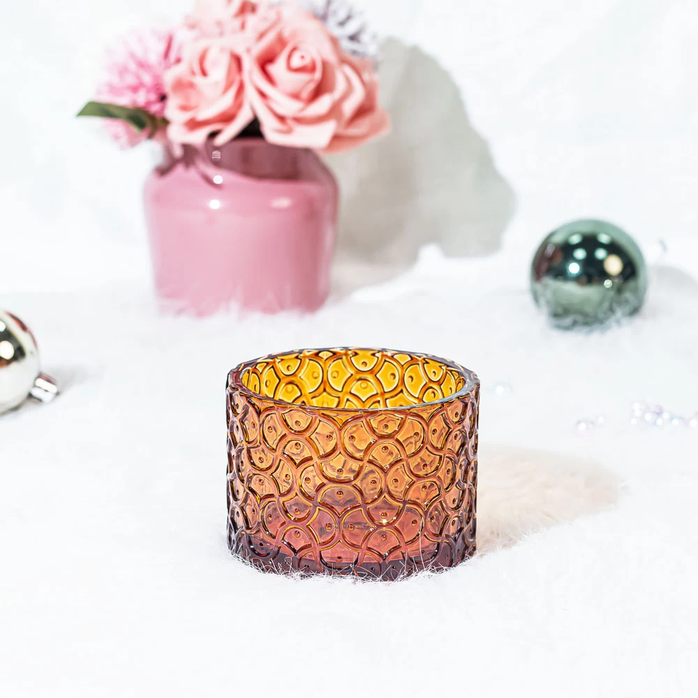 Embossment Glass Empty Votive Candle Jar with Lid On Sale 