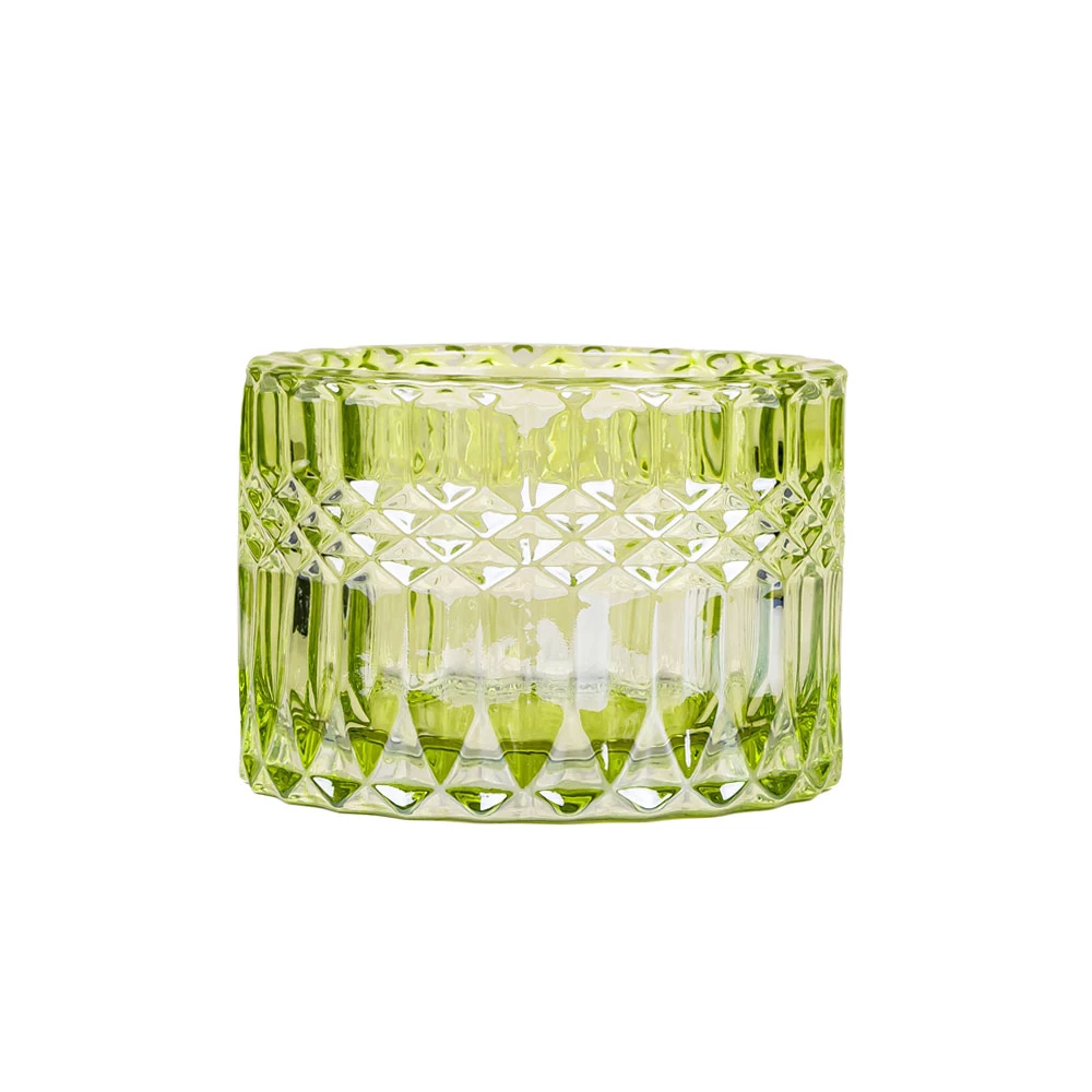 Embossed Green Sprayed Luxury Glass Candle Vessel With Lid