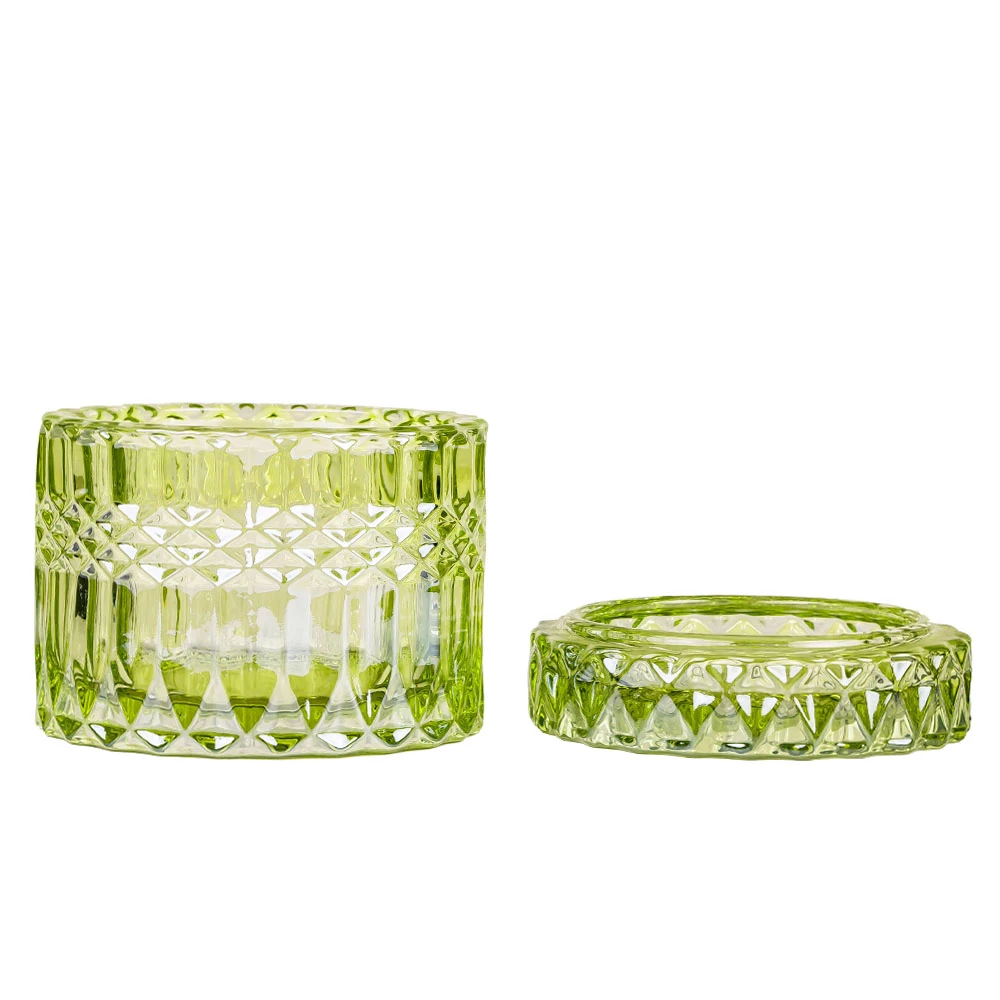 Embossed Green Sprayed Luxury Glass Candle Vessel With Lid