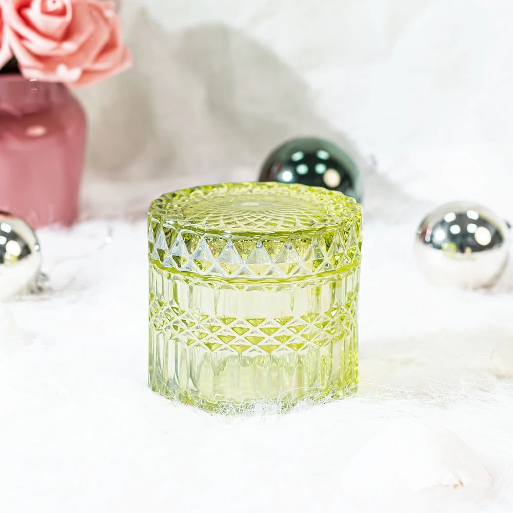 Embossed Green Sprayed Luxury Glass Candle Vessel With Lid