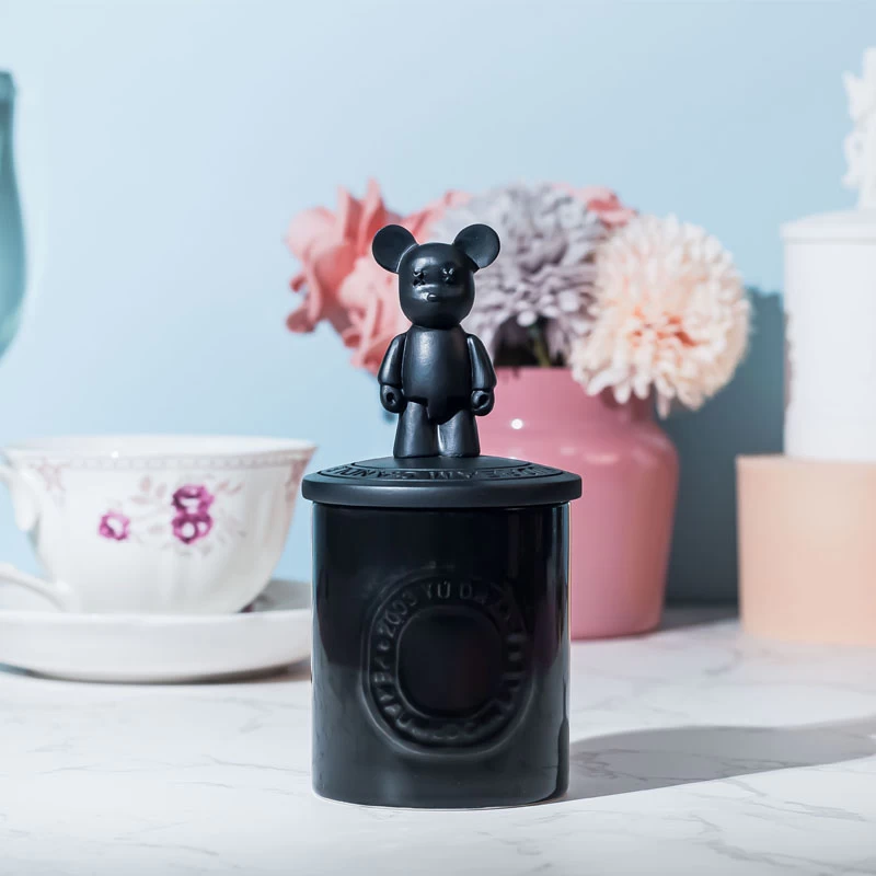 5oz Ceramic Votive Candle Jar With Lid Black Gloomy Bear