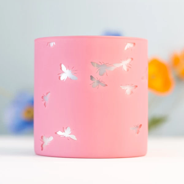 3 Wick Candle Holder Borosiliate Glass Laser Engraving Pink