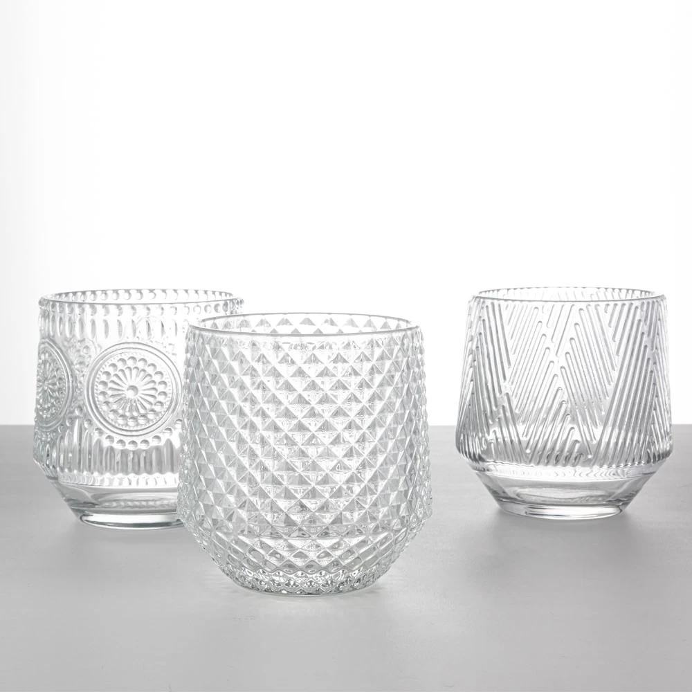 10oz Embossed Pattern Glass Candle Holder Diamond Design