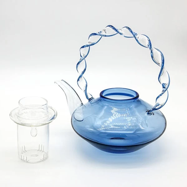Heat Resistant Blue Borosilicate Tea Pot with Spirl Handle and Removable Glass Infuser