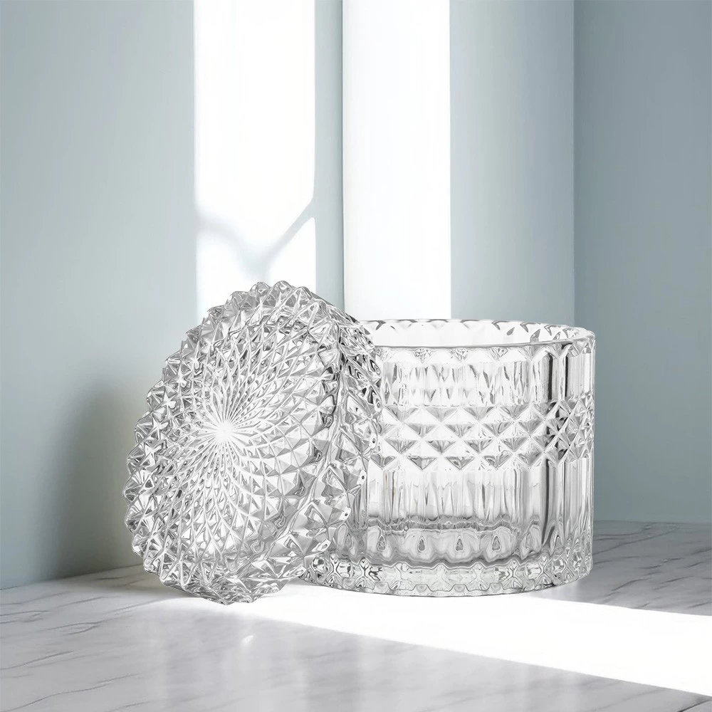 17oz Clear Crystal Cut Glass Geo Diamond Pattern Trinket Jar with Flat Lid
