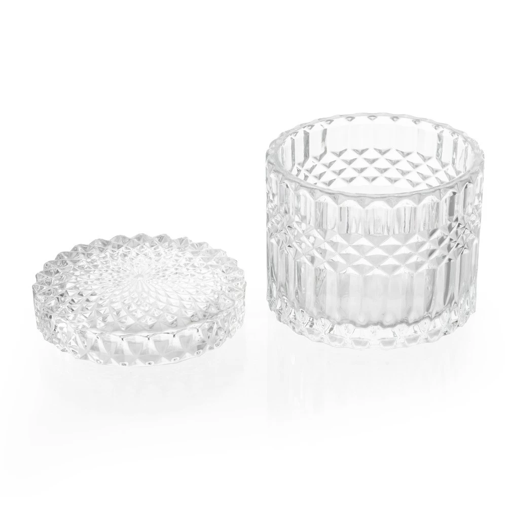 17oz Clear Crystal Cut Glass Geo Diamond Pattern Trinket Jar with Flat Lid