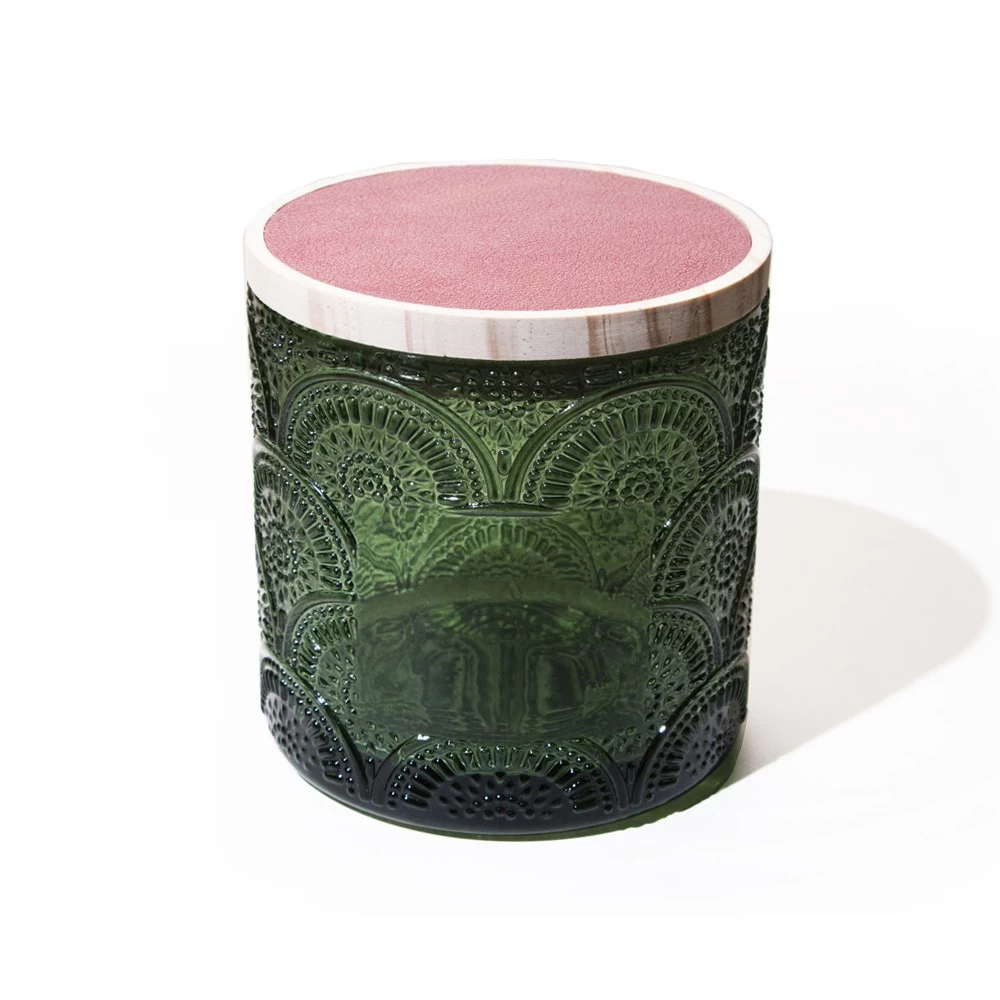 450,550,650ml Beautiful Embossed Glass Candle Holder with Leather Wood Lid Manufacture