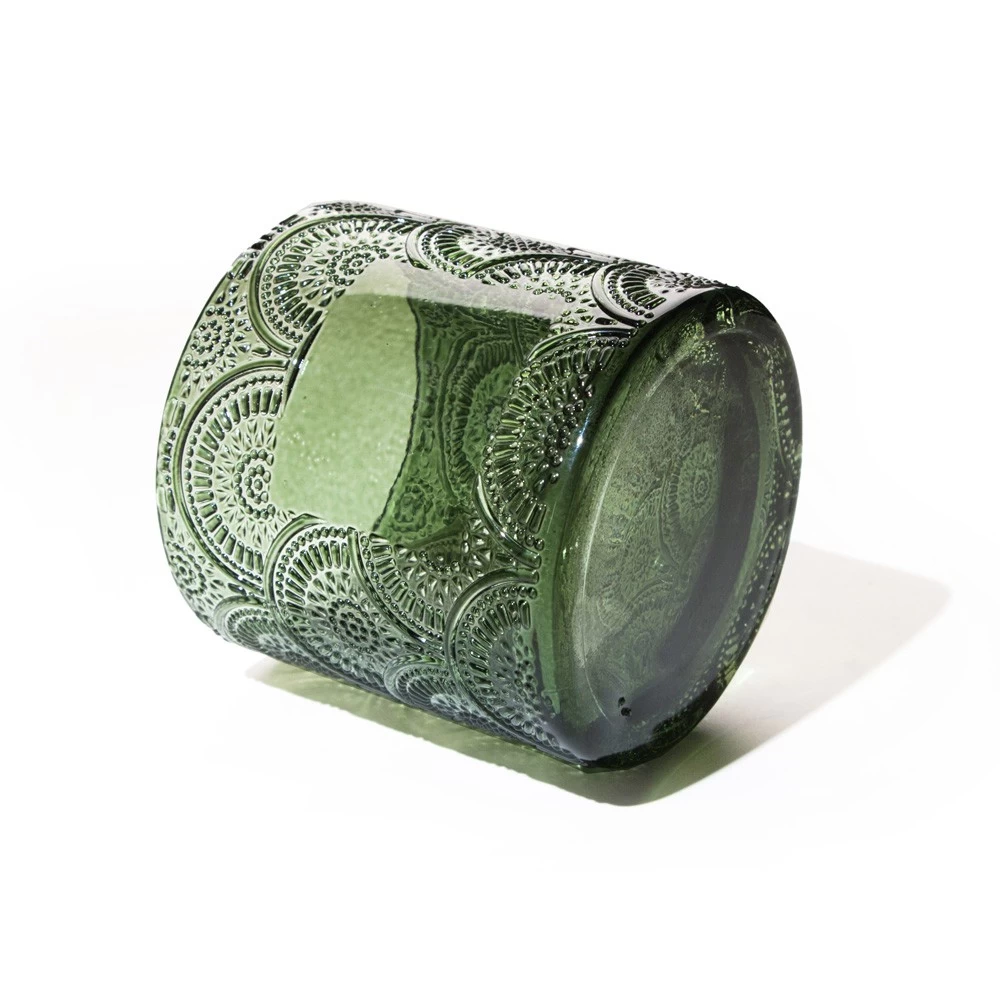 450,550,650ml Beautiful Embossed Glass Candle Holder with Leather Wood Lid Manufacture