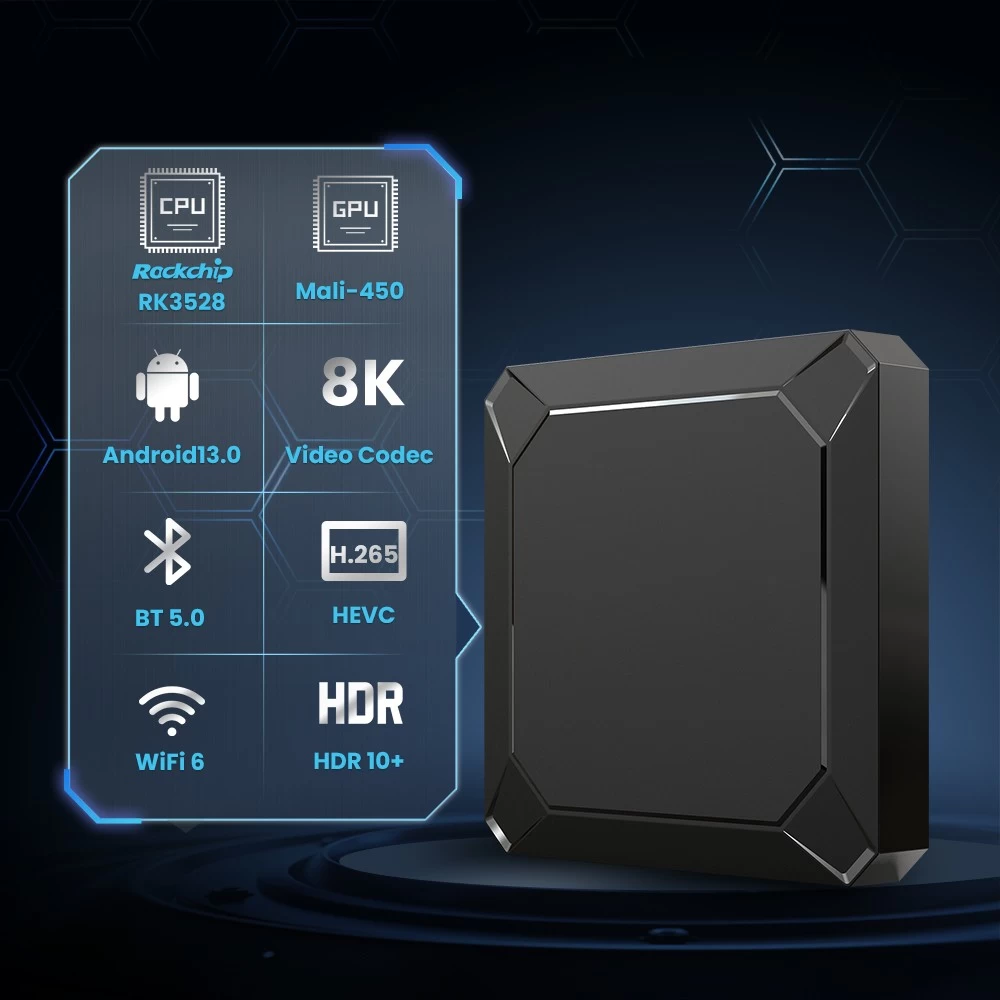 Rockchip RK3528A Quad Core Mail-450 Android 13 8K BT5.0 WiFi 6 TV Box