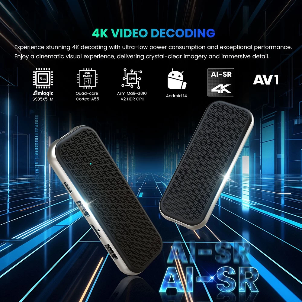 Amlogic S905X5M Quad Core AI-SR Android 14 TV Stick USB Type C 4K2K Android TV Stick