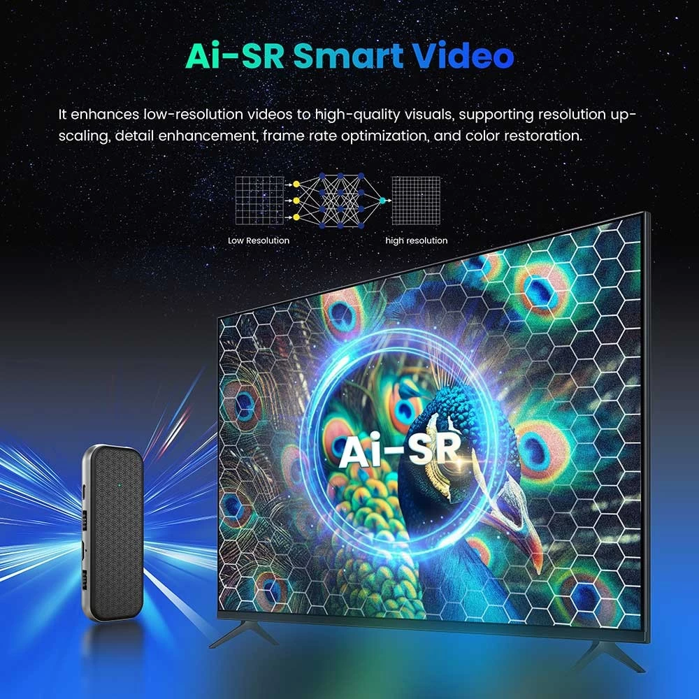 Amlogic S905X5M Quad Core AI-SR Android 14 TV Stick USB Type C 4K2K Android TV Stick