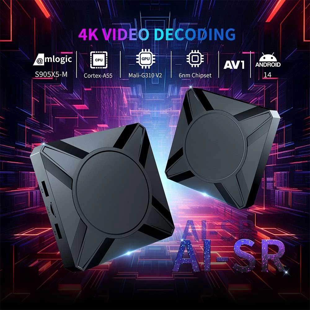 Amlogic S905X5-M Quad Core ARM Cortex A55 Mail G310 V2 6nm Chipset AV 1 Android 14 4K AI SR Dual WiFi Smart TV Box