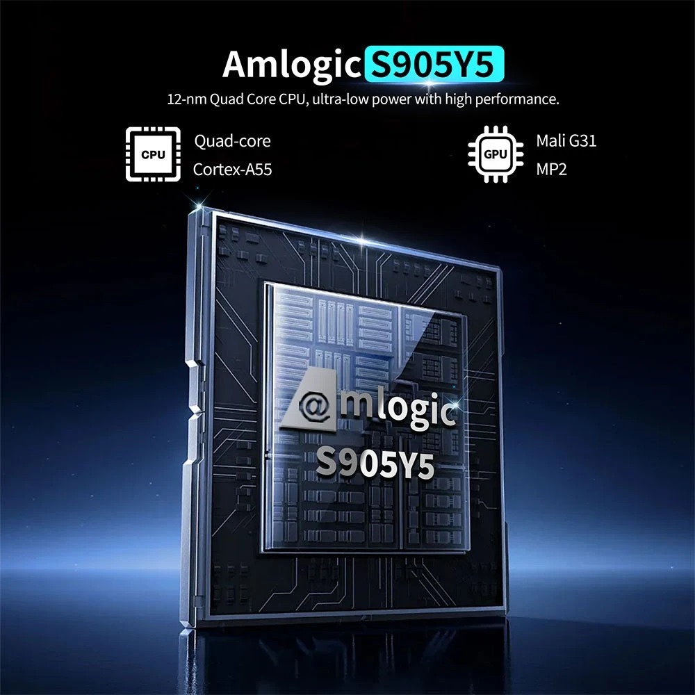 Amlogic S905Y5 Quad Core ARM G31 MP2 GPU Android 14 WiFi 6 4K ULTRA HD AV1 HDR10+ Smart TV Box