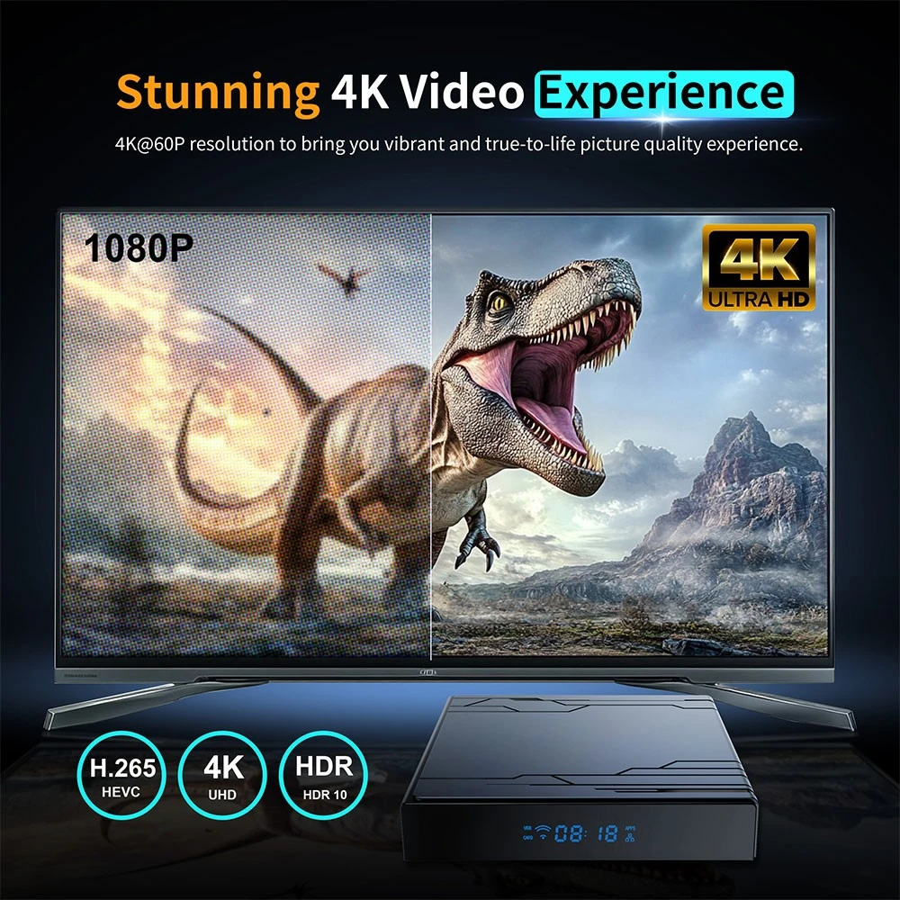 Amlogic S905Y5 Quad Core ARM G31 MP2 GPU Android 14 WiFi 6 4K ULTRA HD AV1 HDR10+ Smart TV Box