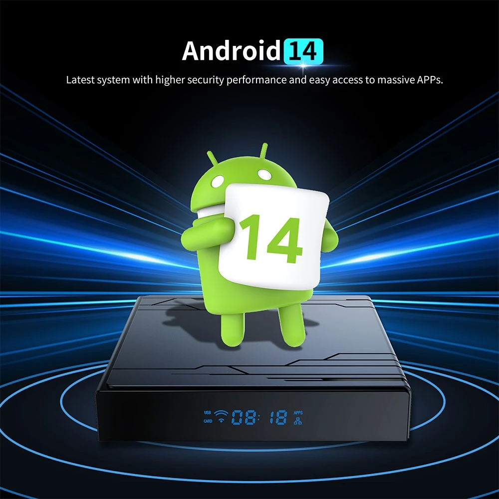 Amlogic S905Y5 Quad Core ARM G31 MP2 GPU Android 14 WiFi 6 4K ULTRA HD AV1 HDR10+ Smart TV Box