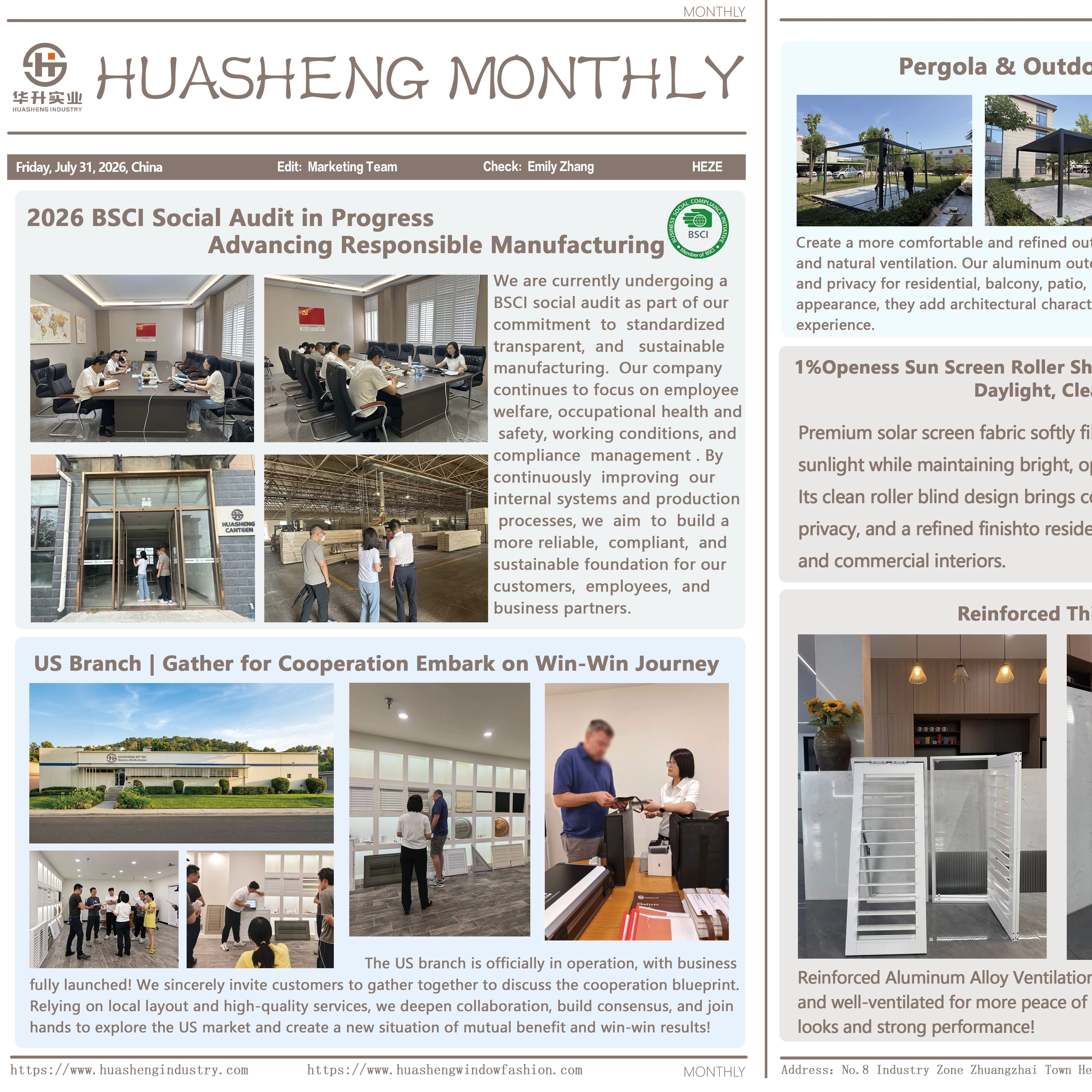Huasheng Expands Outdoor Shading Line with Pergola Shutters, Sun Screen Roller Shades & Reinforced Aluminum Shutters