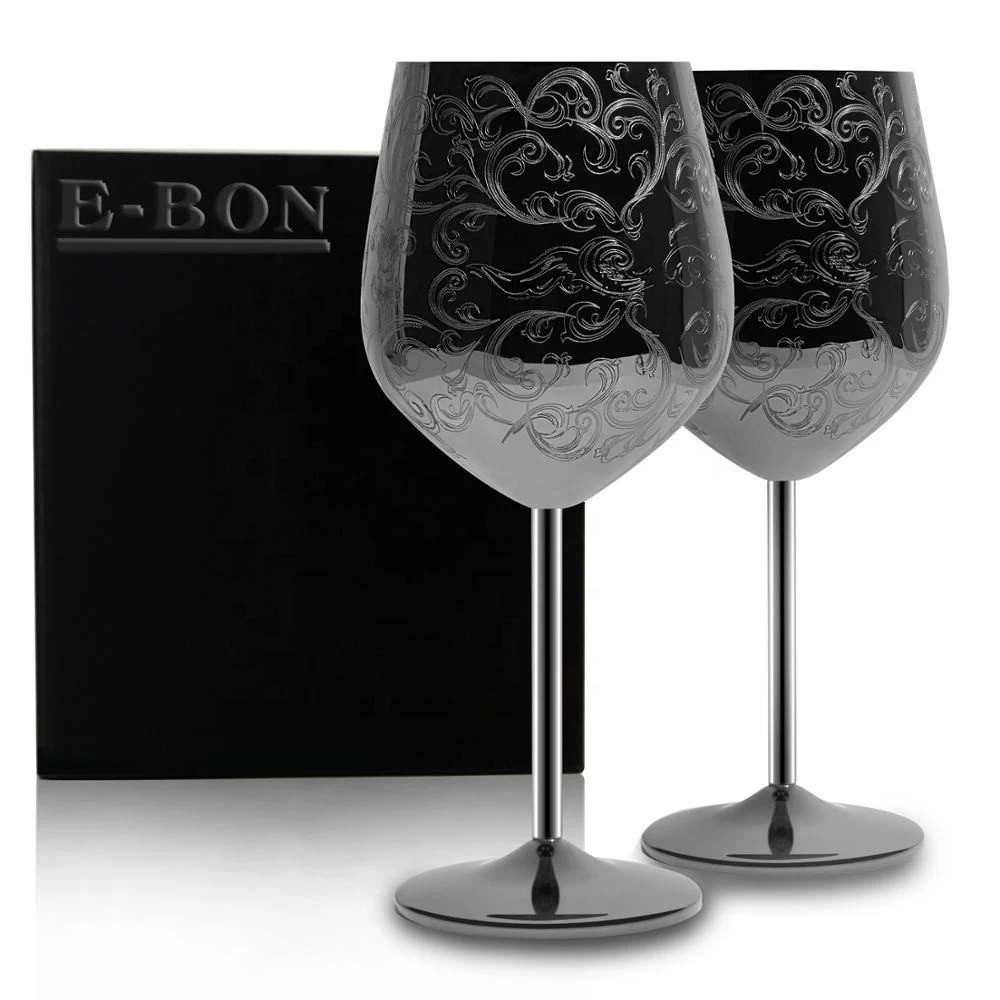 China Etching Design Black Plated Finishing Stainless steel Food Grade Wine Glasses Manufacturers