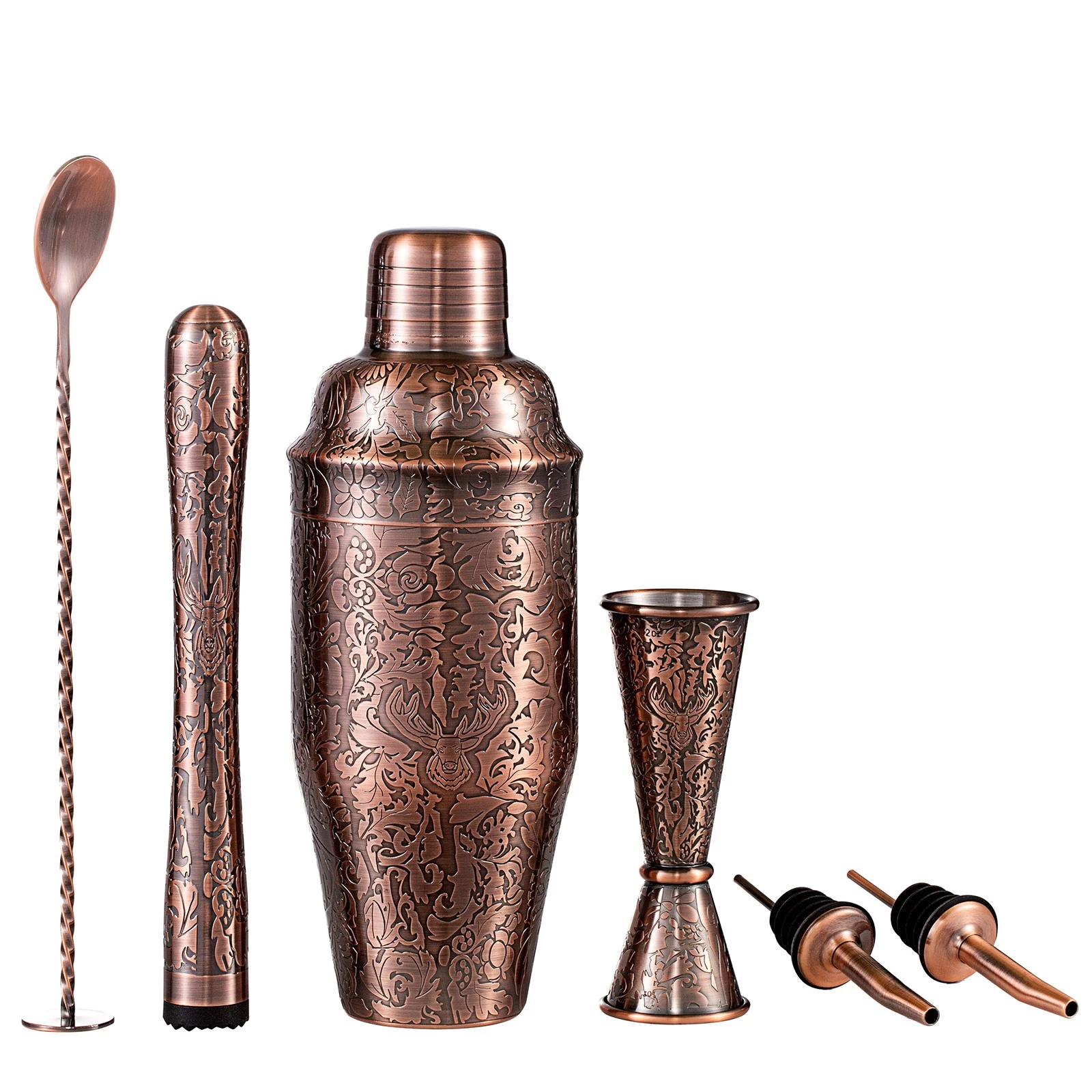 China stainless steel etched deer head bartender set supplier,stainless steel bar tools factory