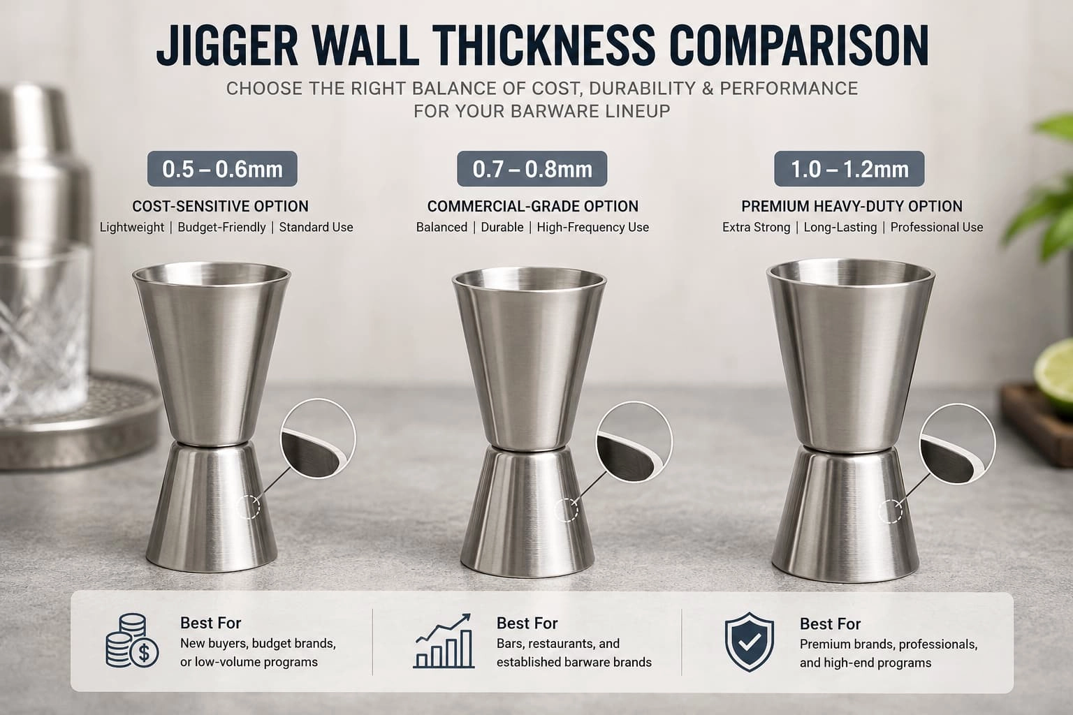 Jigger wall thickness comparison guide showing 0.5mm, 0.7mm and 1.0mm stainless steel jiggers for wholesale barware buyers