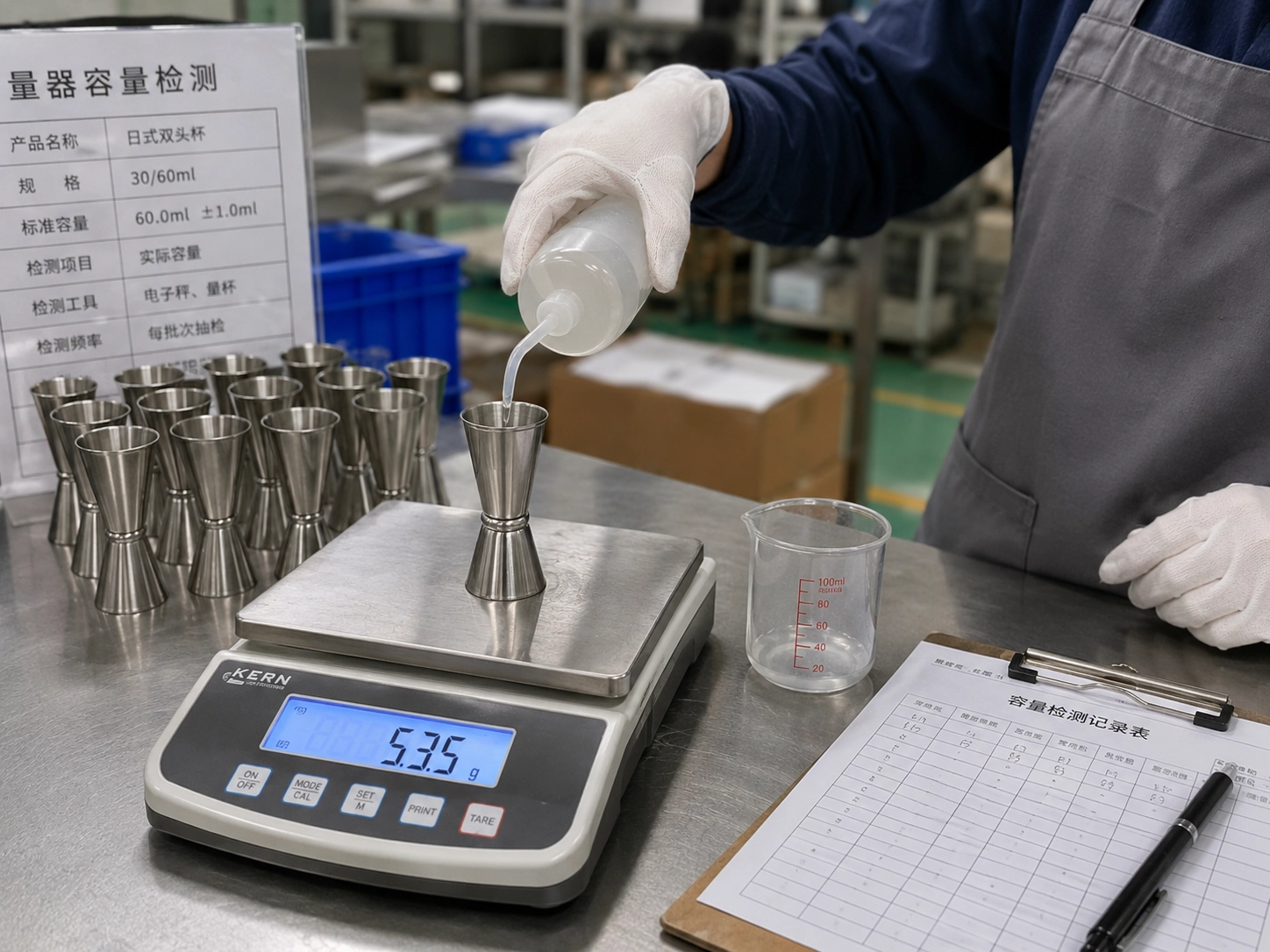 Factory quality inspection of stainless steel jigger capacity using water weight testing and a digital scale