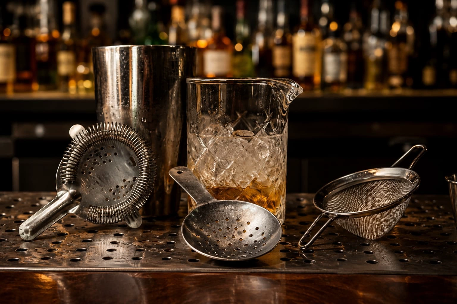Hawthorne strainer, Julep strainer and fine mesh strainer displayed with a cocktail shaker and mixing glass on a commercial bar counter