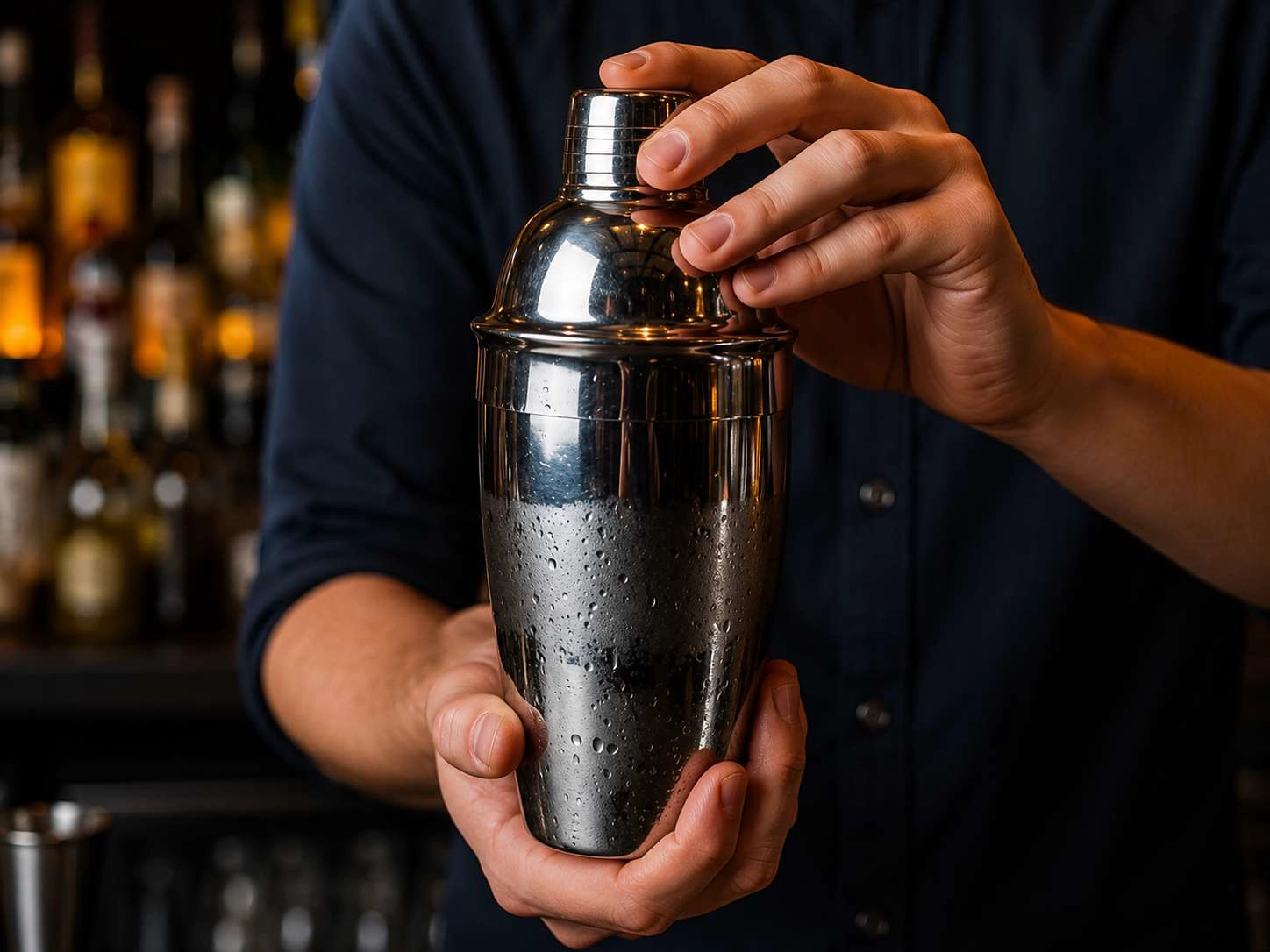 Bartender holding a chilled stainless steel Cobbler cocktail shaker at a professional bar