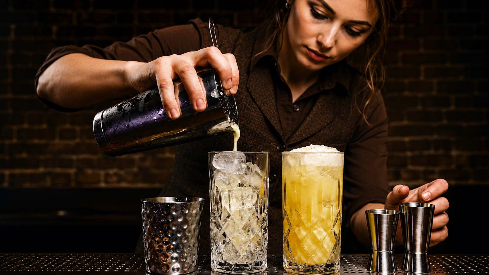Professional bartender pouring a cocktail from a Boston shaker into an ice-filled glass at a commercial bar